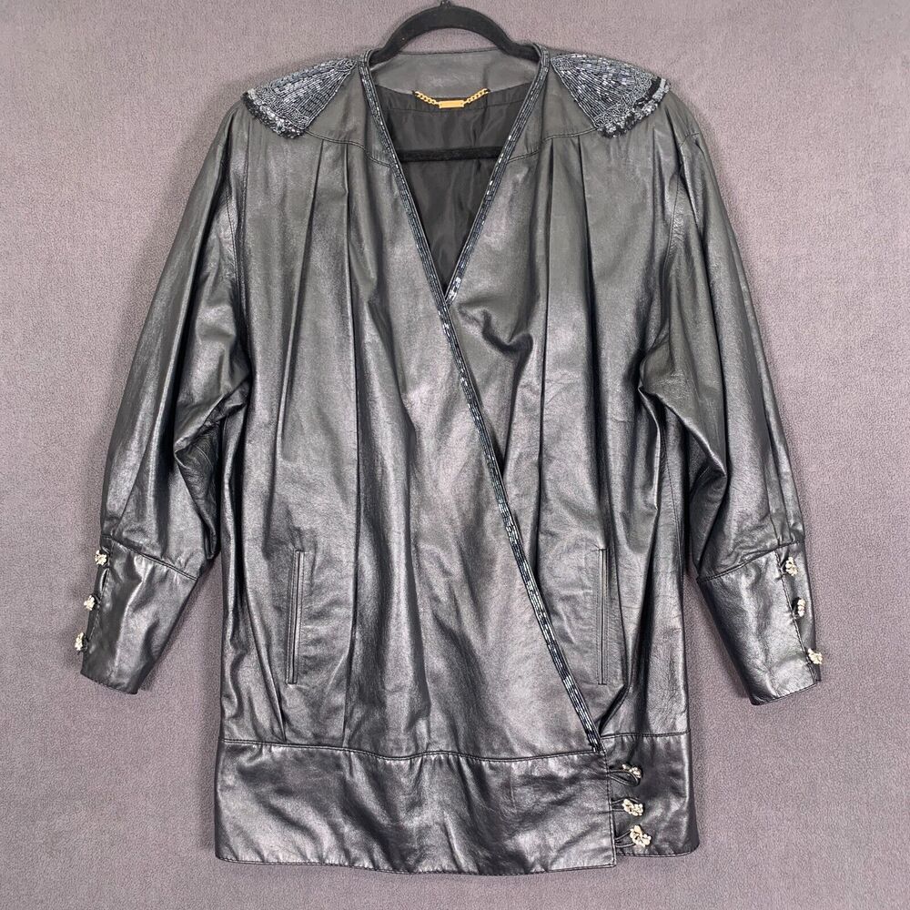Vintage Vebo Jacket Womens EU 46 Black Leather Butter Bling Beaded Mobwife 80’s